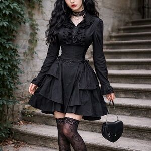 Japanese Gothic Lolita Black Ruffle Dress Victorian Coquette Witchy Vamp Regency